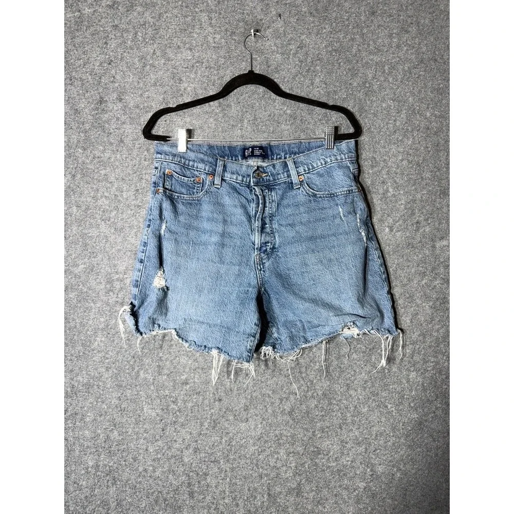 Gap High Rise Cheeky Midi Denim‎ Shorts Blue Distressed Raw Hem Size 14/32